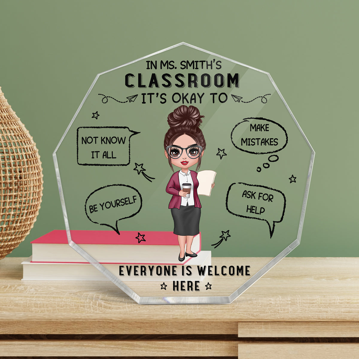 In Teacher Classroom It‘s Okay Everyone Is Welcome Here Personalized Hexagon Acrylic Plaque - Gift For Teacher - Back To School Gift