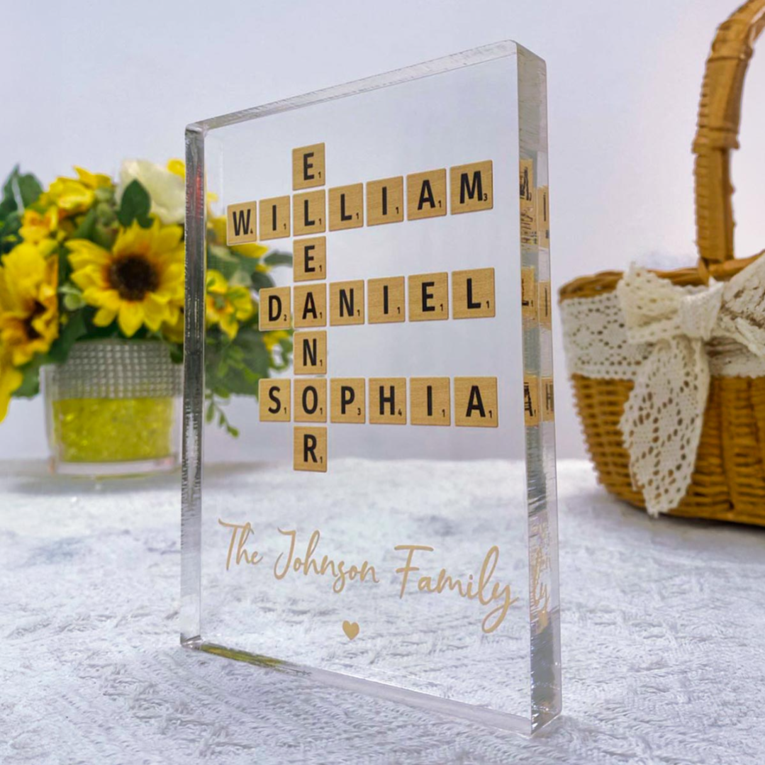 Family Crossword Art Created In A Moment, Treasured Forever - Personalized Acrylic Block Plaque