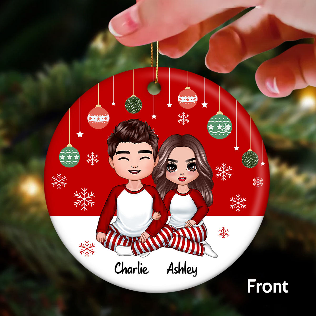 Doll Couple Sitting Hugging Red Background Personalized Double Sided Circle Ornament