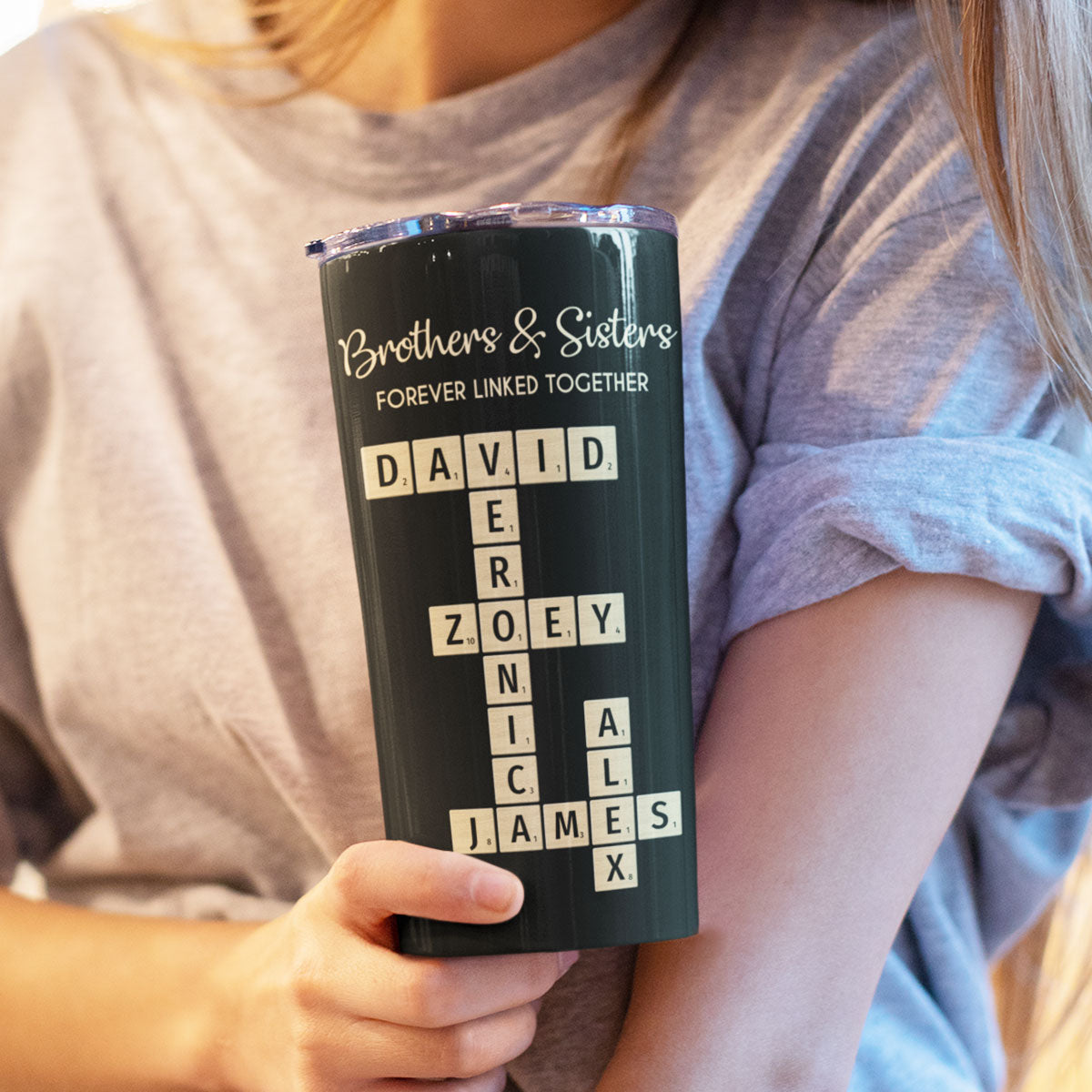 Brothers & Sisters Forever Linked Together Crossword Puzzle Art Personalized Tumbler, Gift For Brothers, Sisters, Siblings, Family