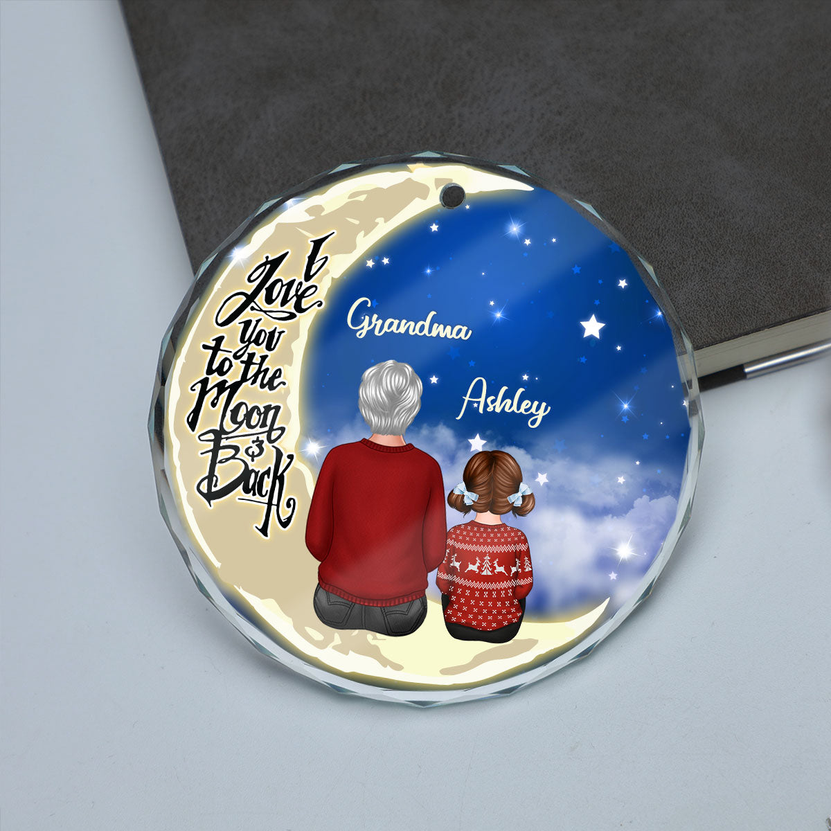 Grandma Grandkids On Moon Personalized Glass Ornament, Christmas Gift for Grandkids, Granddaughter Grandson, Gift for Grandma