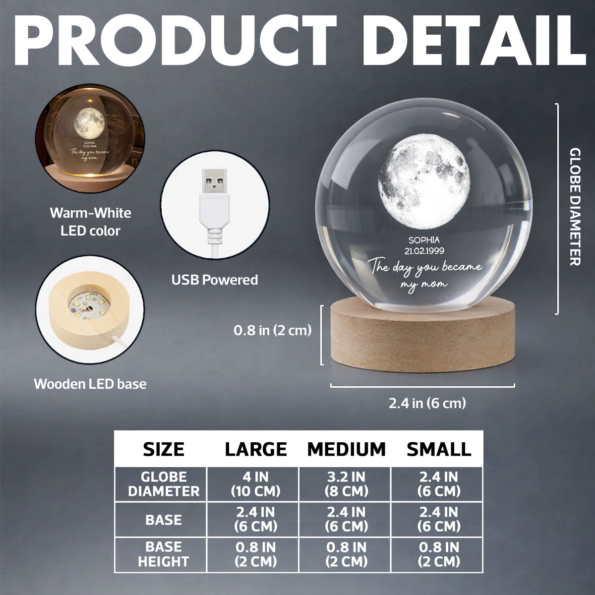 The Day You Became My Mom - Personalized Crystal Ball Night Light - Heartfelt Anniversary Gift for her, for him