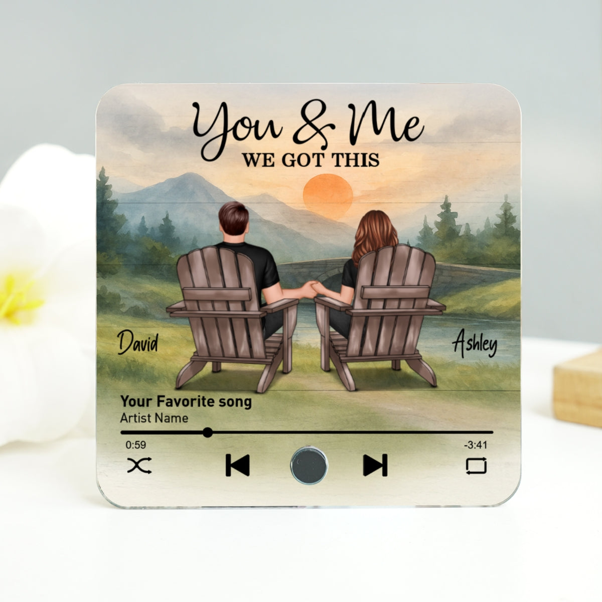 Mountain Landscape Couple Sitting Back View Personalzied Music Magnet, Anniversary gift for him for her