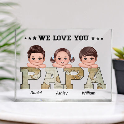 Grandpa Dad We Love You World Map Pattern Doll Kids On Hand Personalized Horizontal Rectangle Acrylic Block Plaque