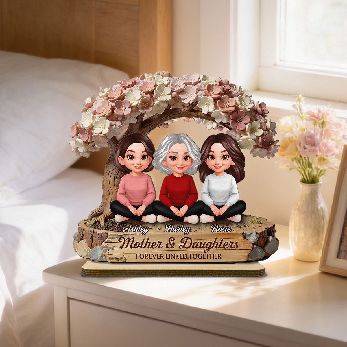 Mom And Daughter Son Under Blossom Tree - Personalized 2-Layered Wooden Plaque - Gift For Mom