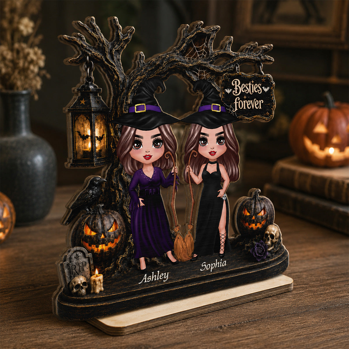 Witch Besties Spooky Halloween Tree 2D Flat - Personalized 2-Layer Wooden Plaque - Tabletop Tier Tray Wicca Pagan Decor