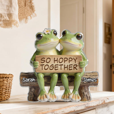 3D Effect Cottagecore Retro Aesthetic Frog Couple Hoppy Happy Together - Personalized Acrylic Block Plaque - Valentine's Day, Anniversary Gift For Couple, Gift For Him, For Her