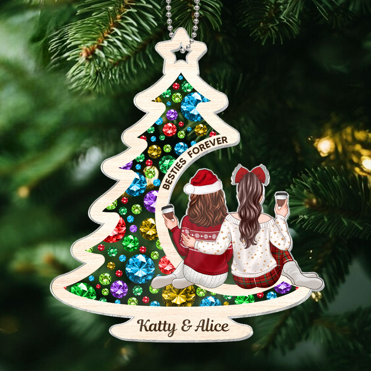 Sisters On Christmas Tree Gemstones Effect Personalized Acrylic Ornament, Christmas Gift for Sisters, Siblings, Besties
