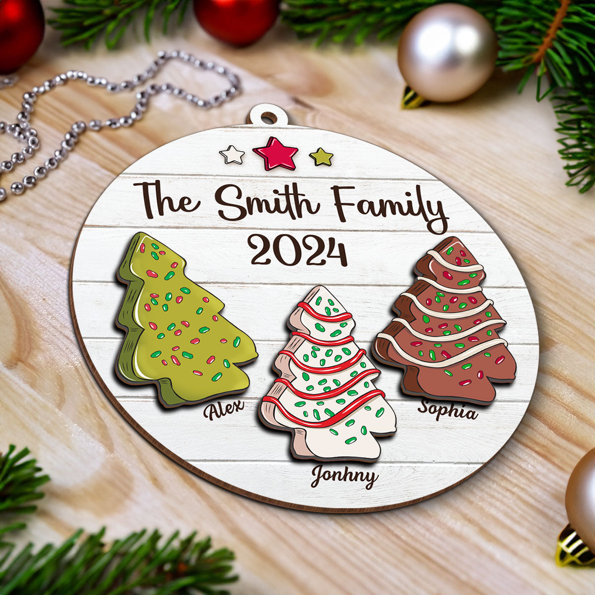 Christmas Tree Cakes Family Members Name Personalized 2-Layer Wooden Ornament