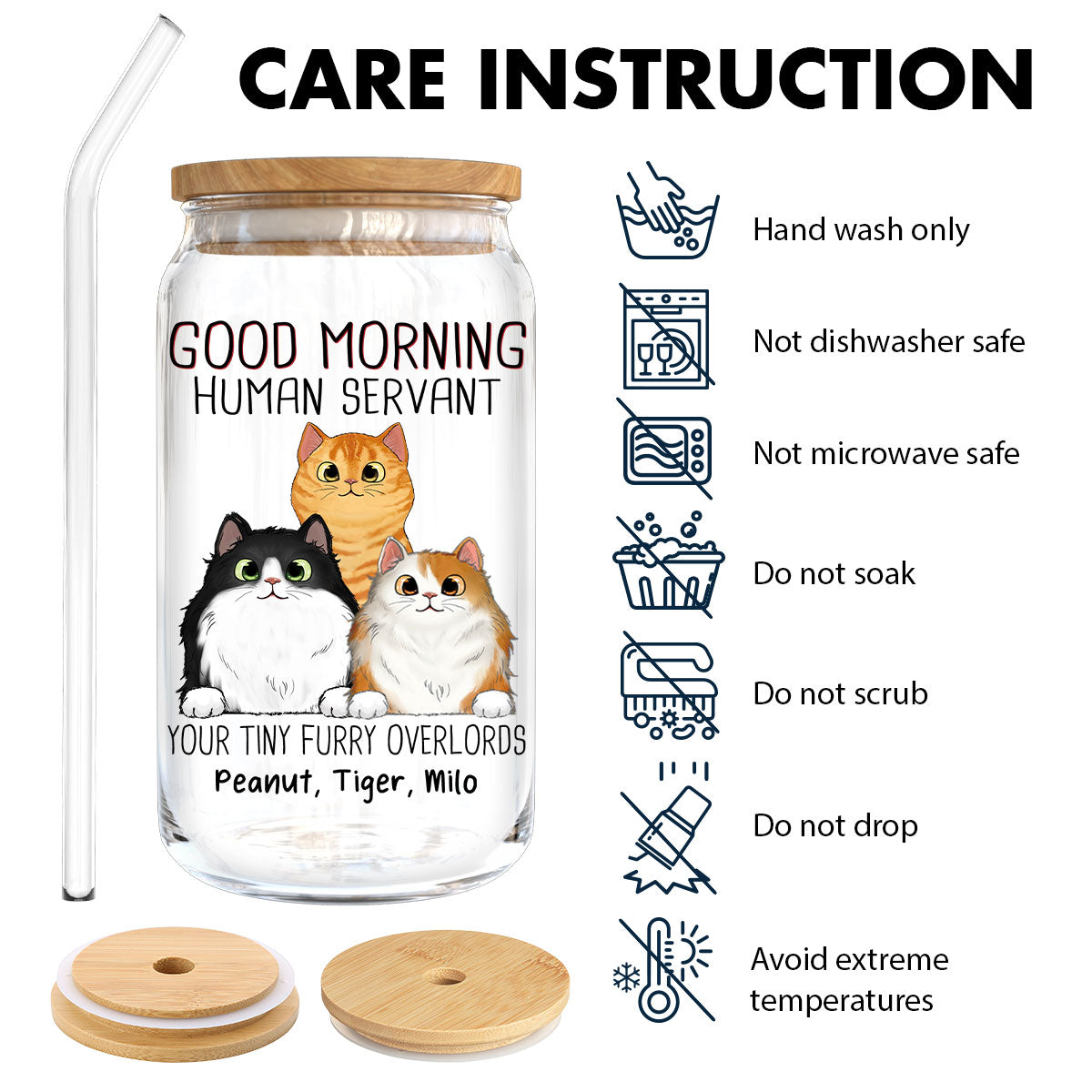 Good Morning Cat Human Servant Funny Gift For Cat Lovers Personalized Clear Glass Can