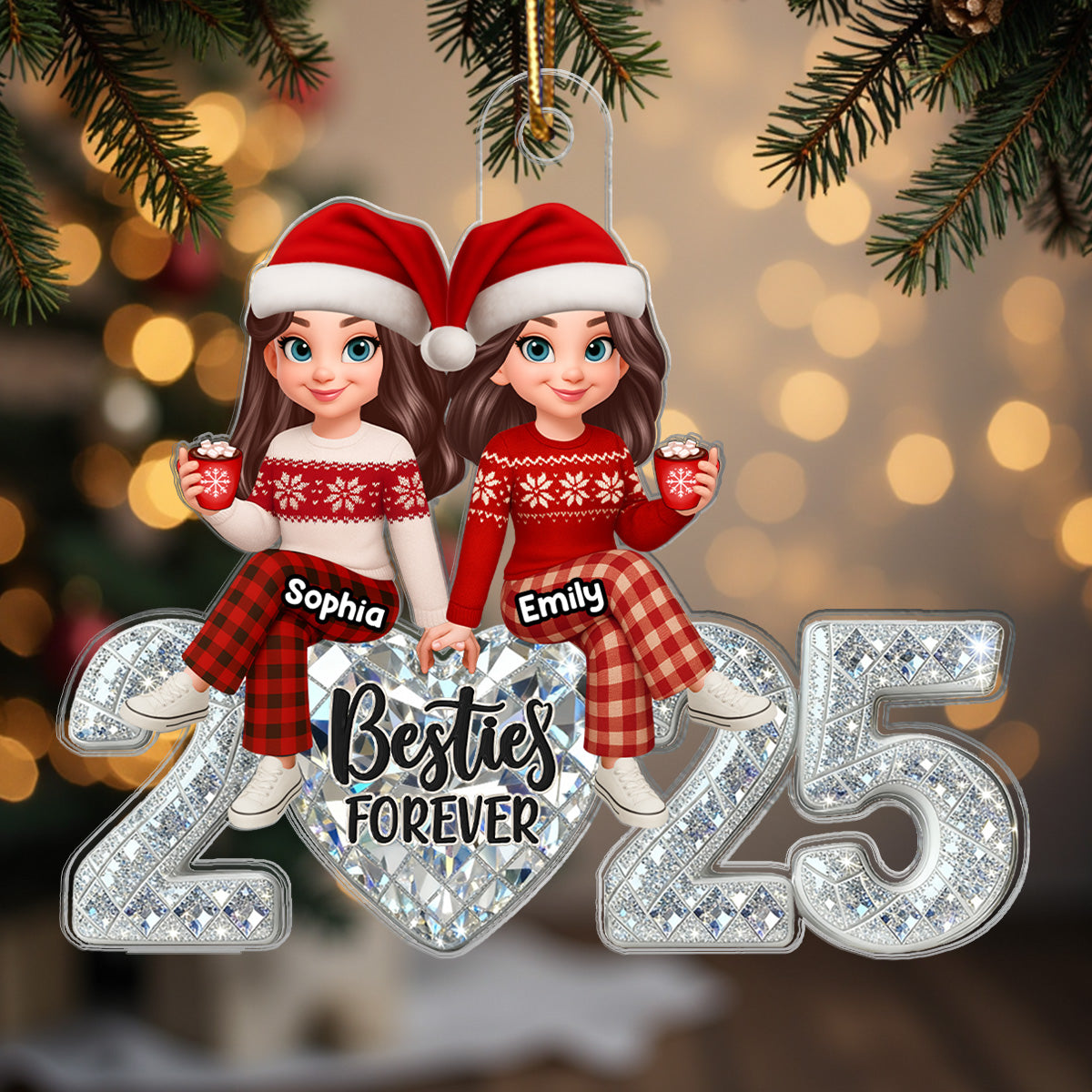 3D Shinning Effect Heart Besties Forever Together - Personalized Acrylic Ornament