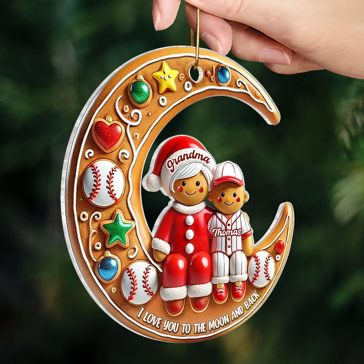 3D Effect Baseball Grandma & Grandkid On The Moon Personalized Acrylic Ornament, Christmas Gift For Grandkids