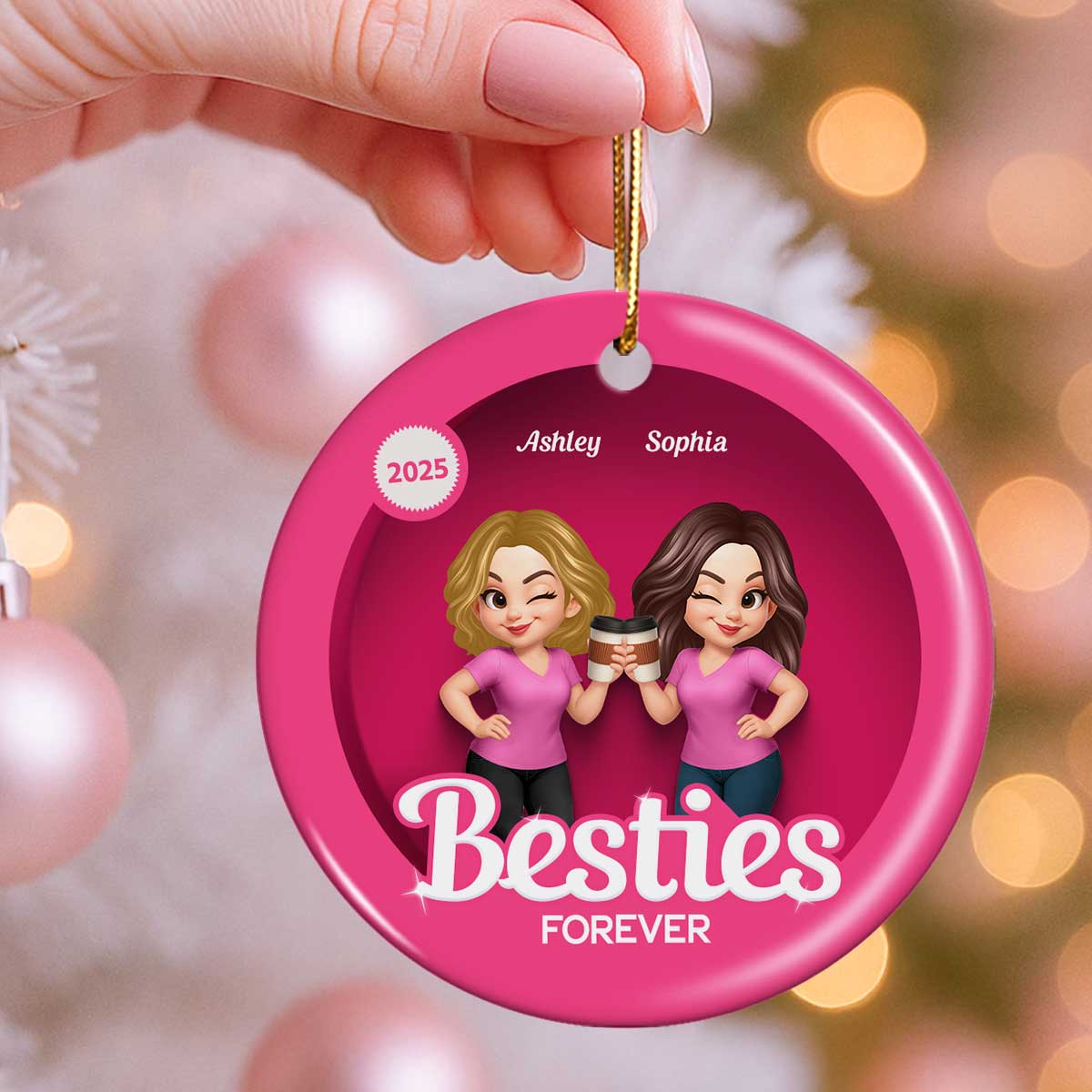 Besties Sisters 3D Effect Pink Toy Box Personalized Circle Ceramic Ornament, Gift for Besties, Best Friends