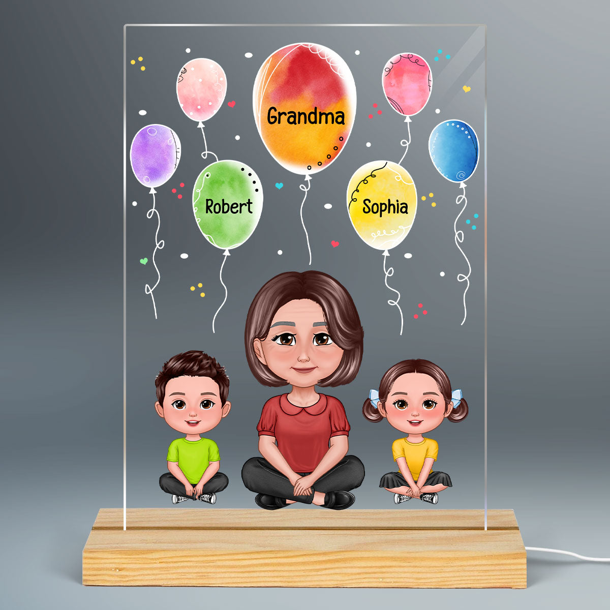 Pretty Grandma & Grandkids Sitting Watercolor Balloons Personalized Rectangle Acrylic Plaque With LED Night Light