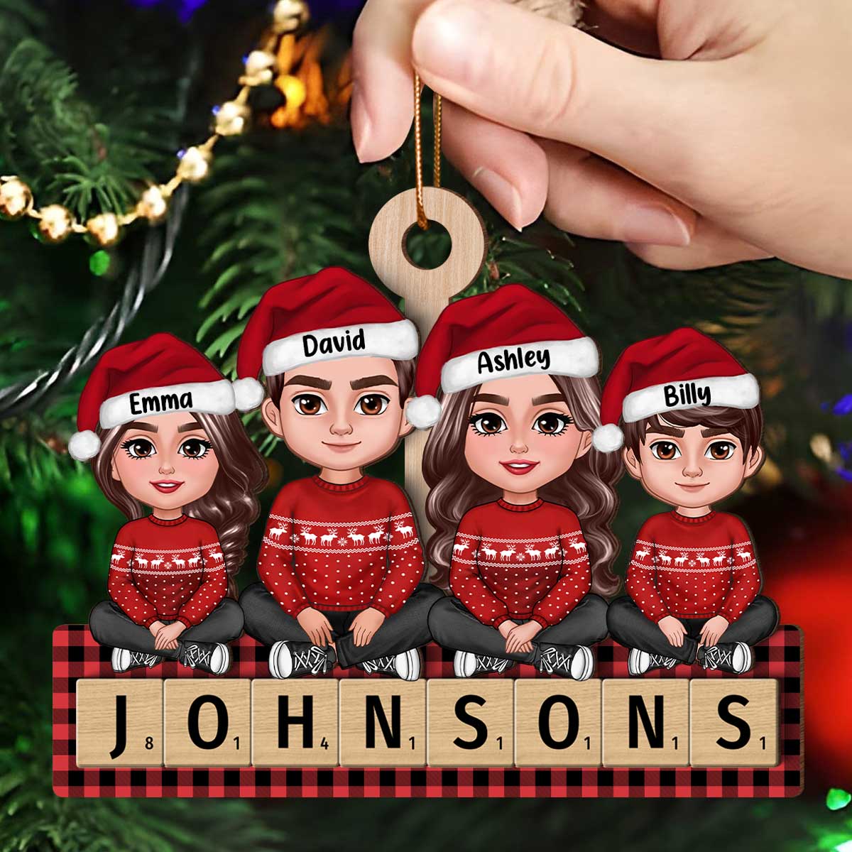 Whole Family Sitting On Word Personalized 2-Layer Wooden Ornament