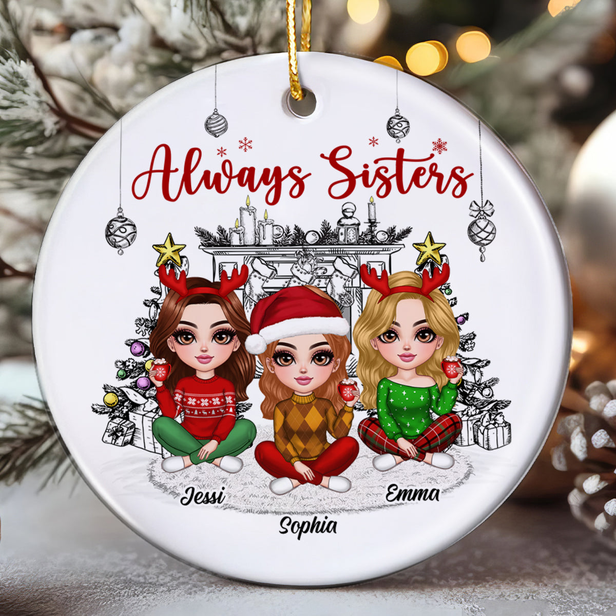 Christmas Outline Background Lovely Besties Personalized Ceramic Ornament