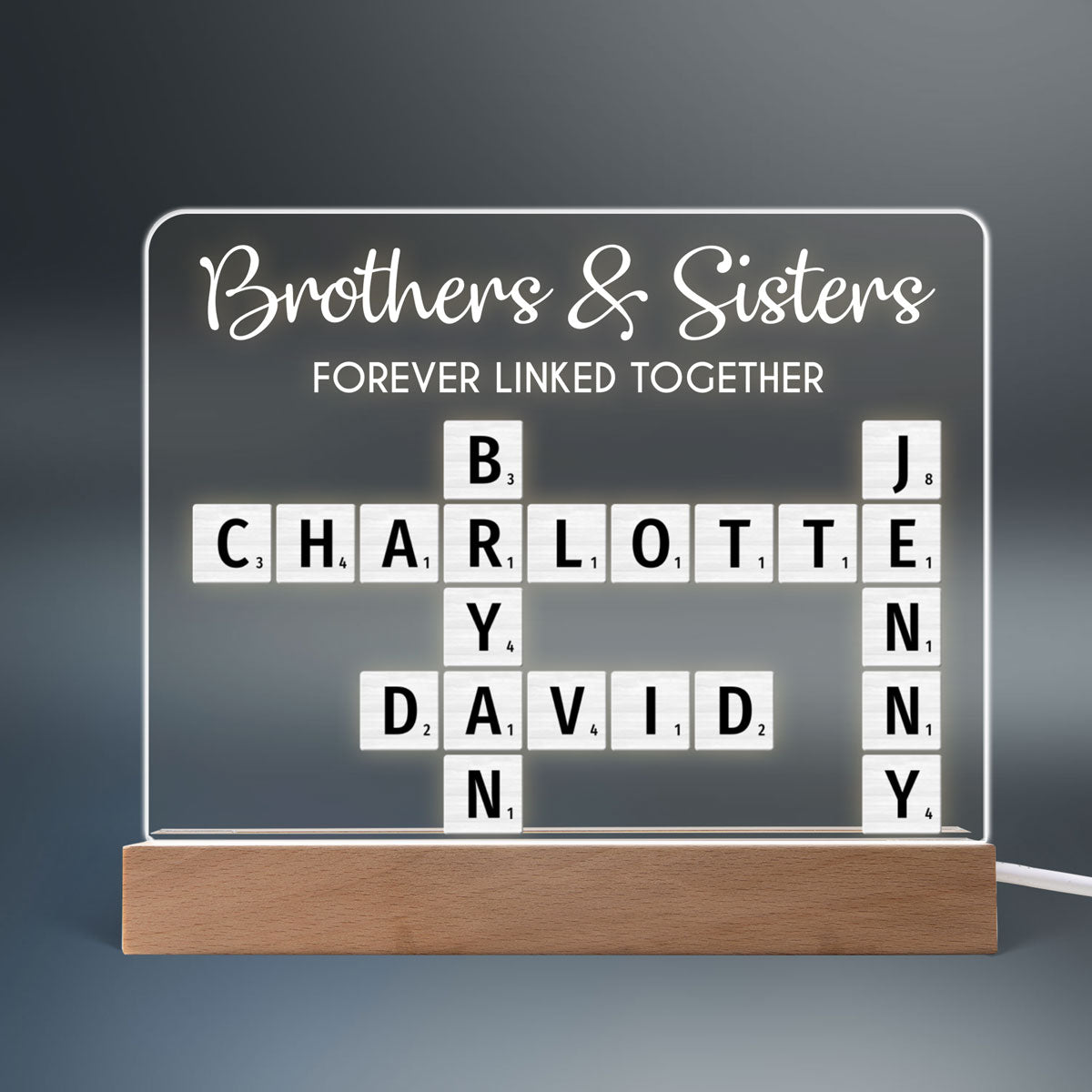 Brothers & Sisters Forever Linked Together Crossword Puzzle Art Personalized Acrylic Warm LED Night Light, Perfect Gift For Brothers, Sisters, Siblings, Family