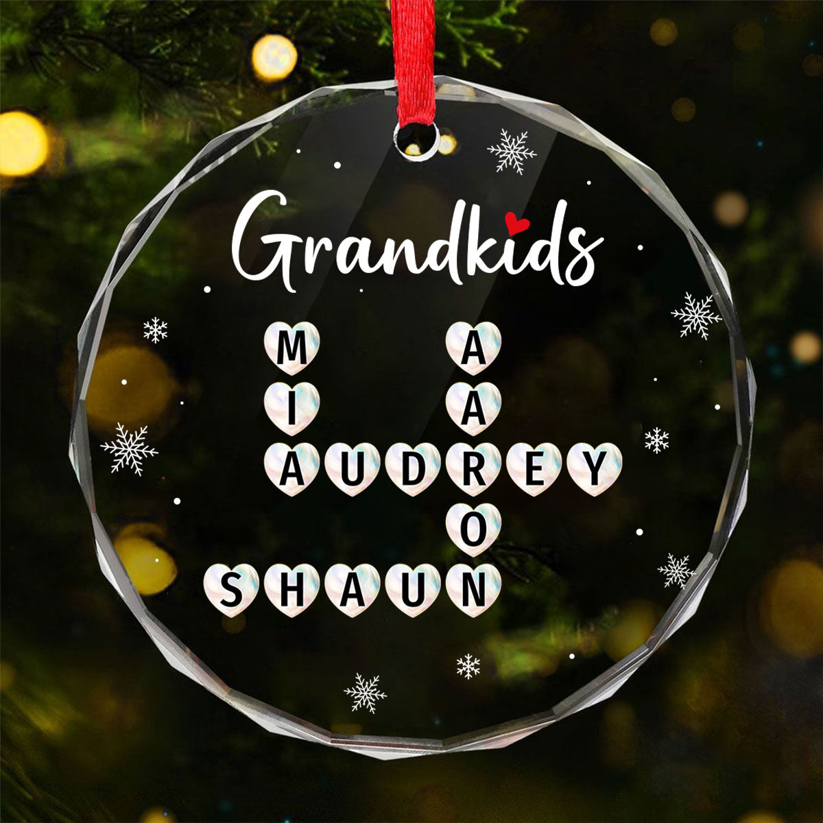 Grandkids Heart Crossword Art Puzzle Personalized Glass Ornament, Gift For Grandma Grandparents