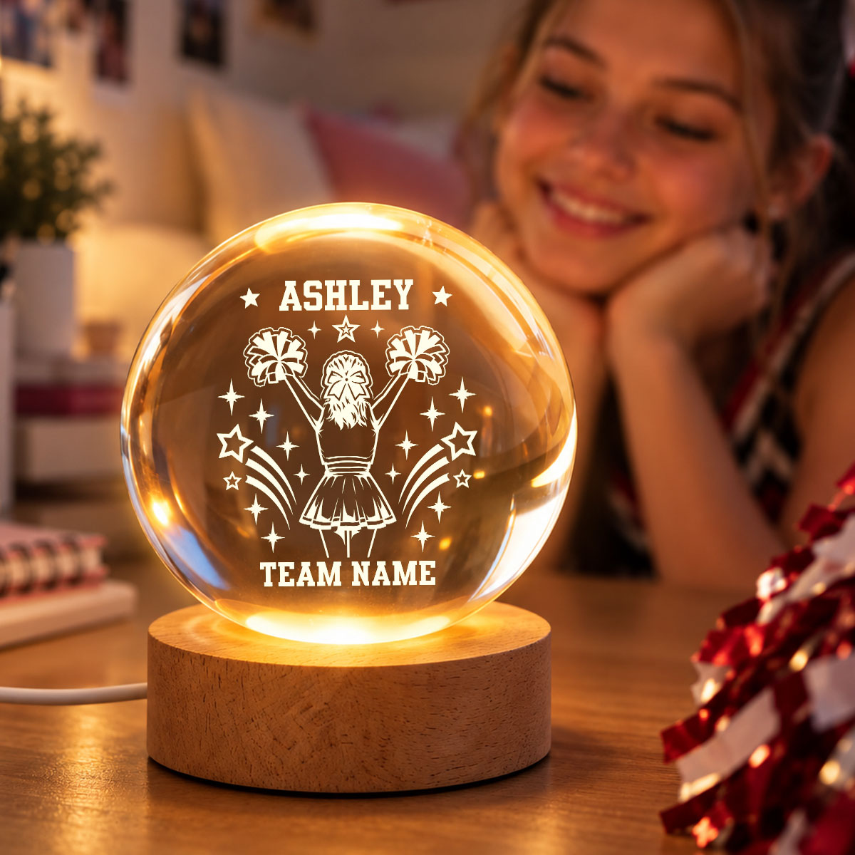 Proud Cheerleader Custom Name And Team Name - Personalized Crystal Ball LED Night Light - Christmas Gift For Cheerleaders, Daughter, Granddaughter