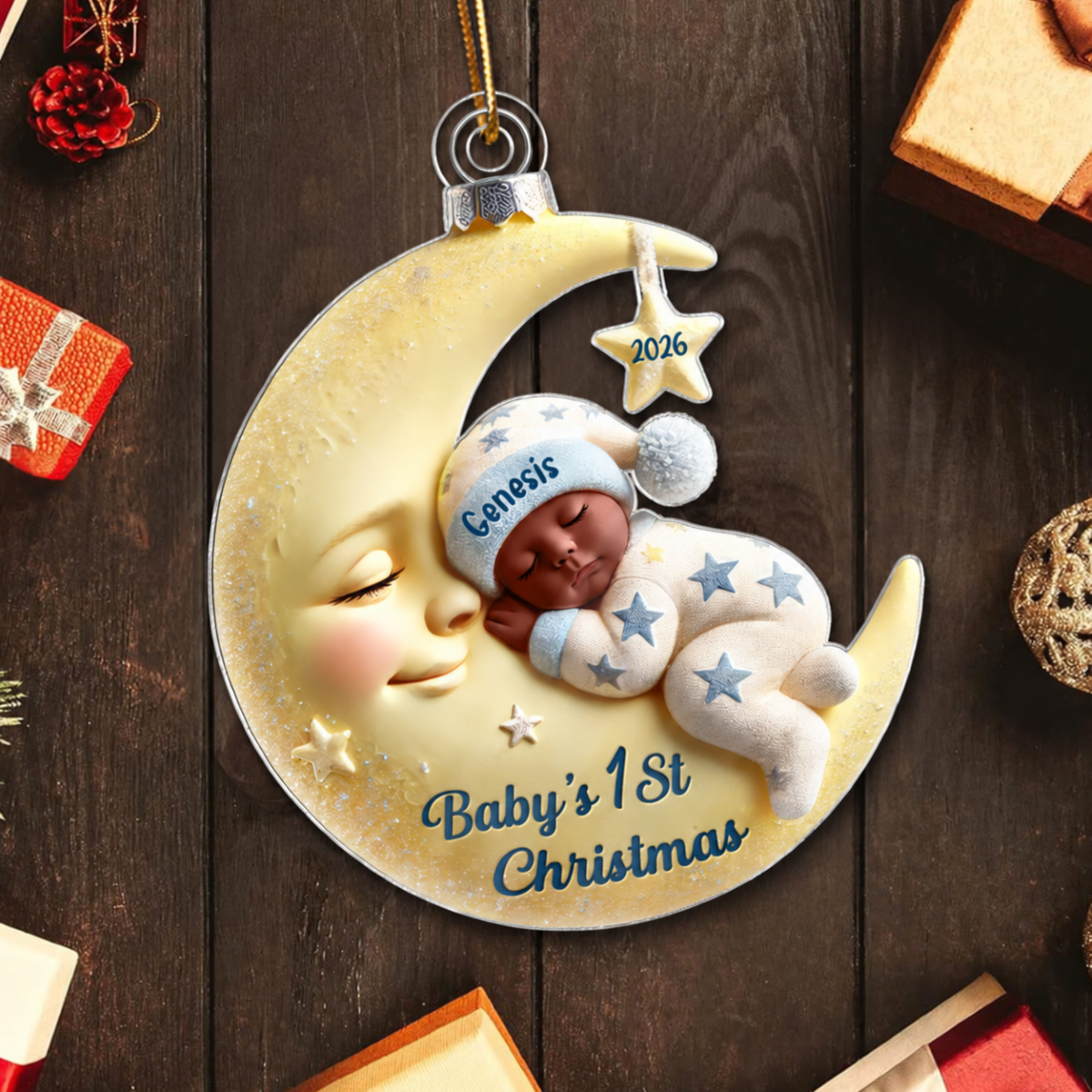 Baby On Moon First Christmas 1st Christmas Keepsake 2D Flat Printed- Personalized Acrylic Ornament
