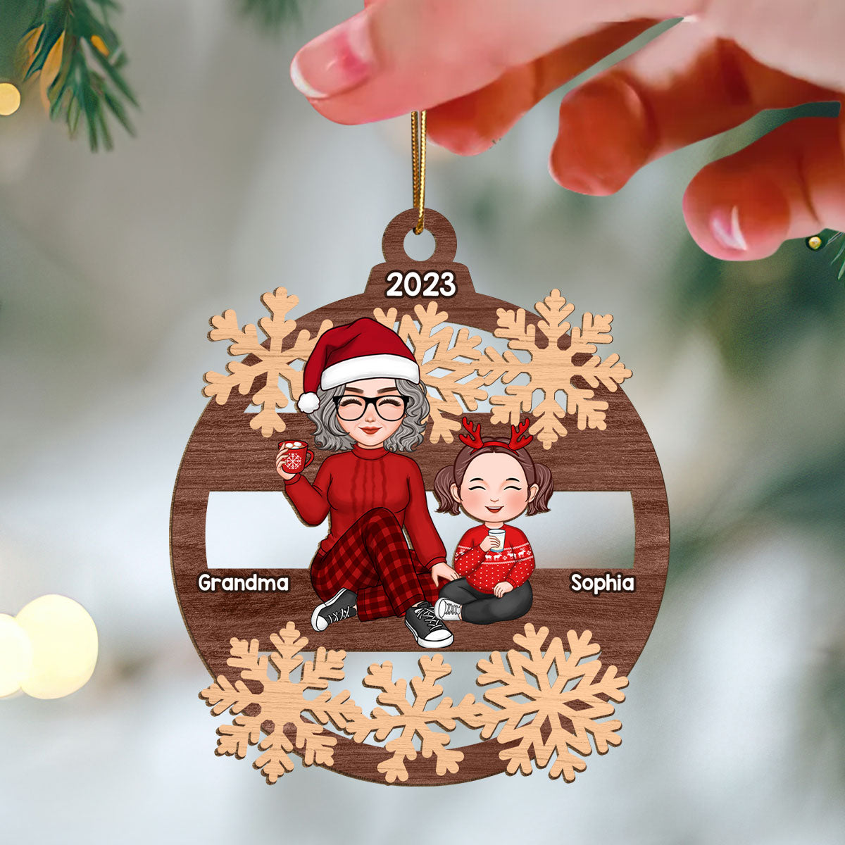 Cute Grandma And Grandkid Sitting In Snowflake Christmas Personalized Wooden Ornament