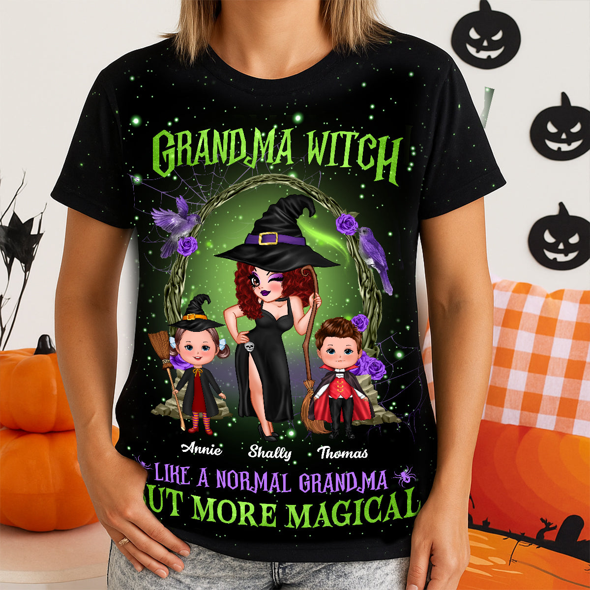 Purple And Green Pretty Grandma Witch & Kids Personalized Shirt, Halloween Costume for Grandma