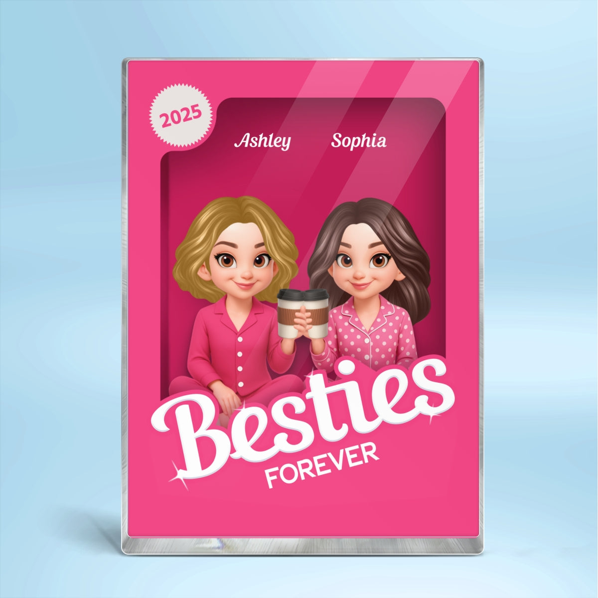 Pink Pajamas Besties 3D Effect Action Figure Personalized Acrylic Block