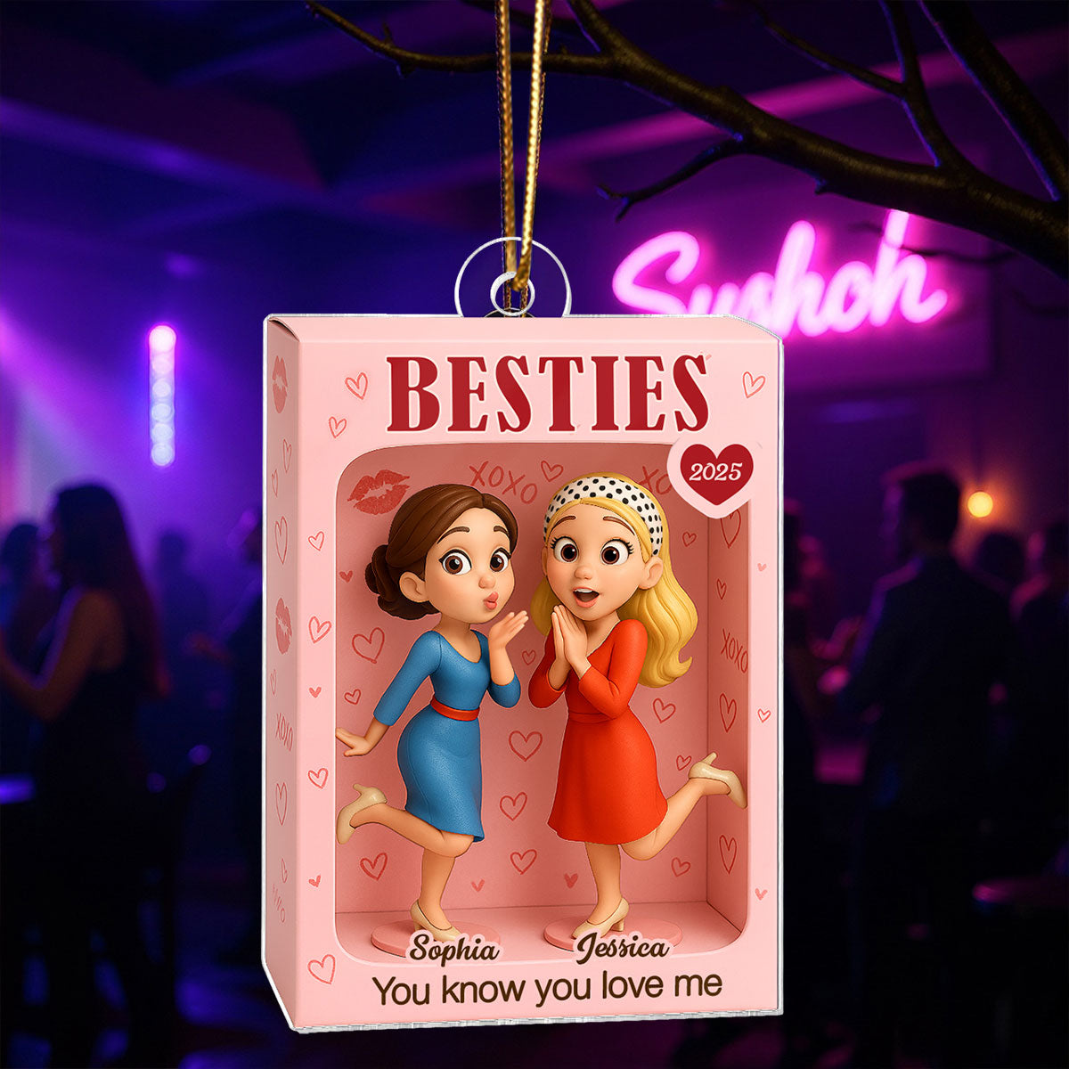 Besties XOXO Pretty Girls Toy Box Style - Personalized Acrylic Ornament - Christmas Gift For Best Friends