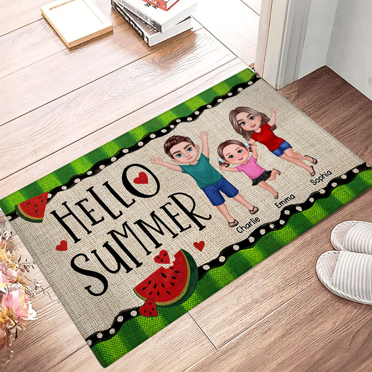 Hello Summer Watermelon Family Personalized Doormat, Summer Decoration