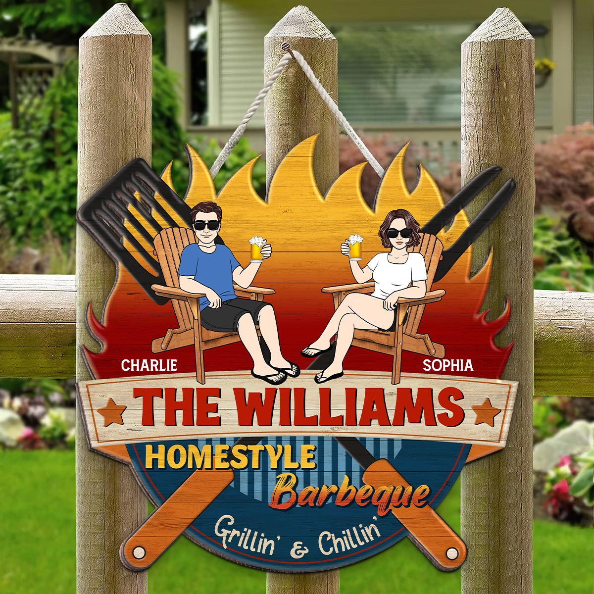 Homestyle Barbeque Couple Sitting Personalized Wood Sign