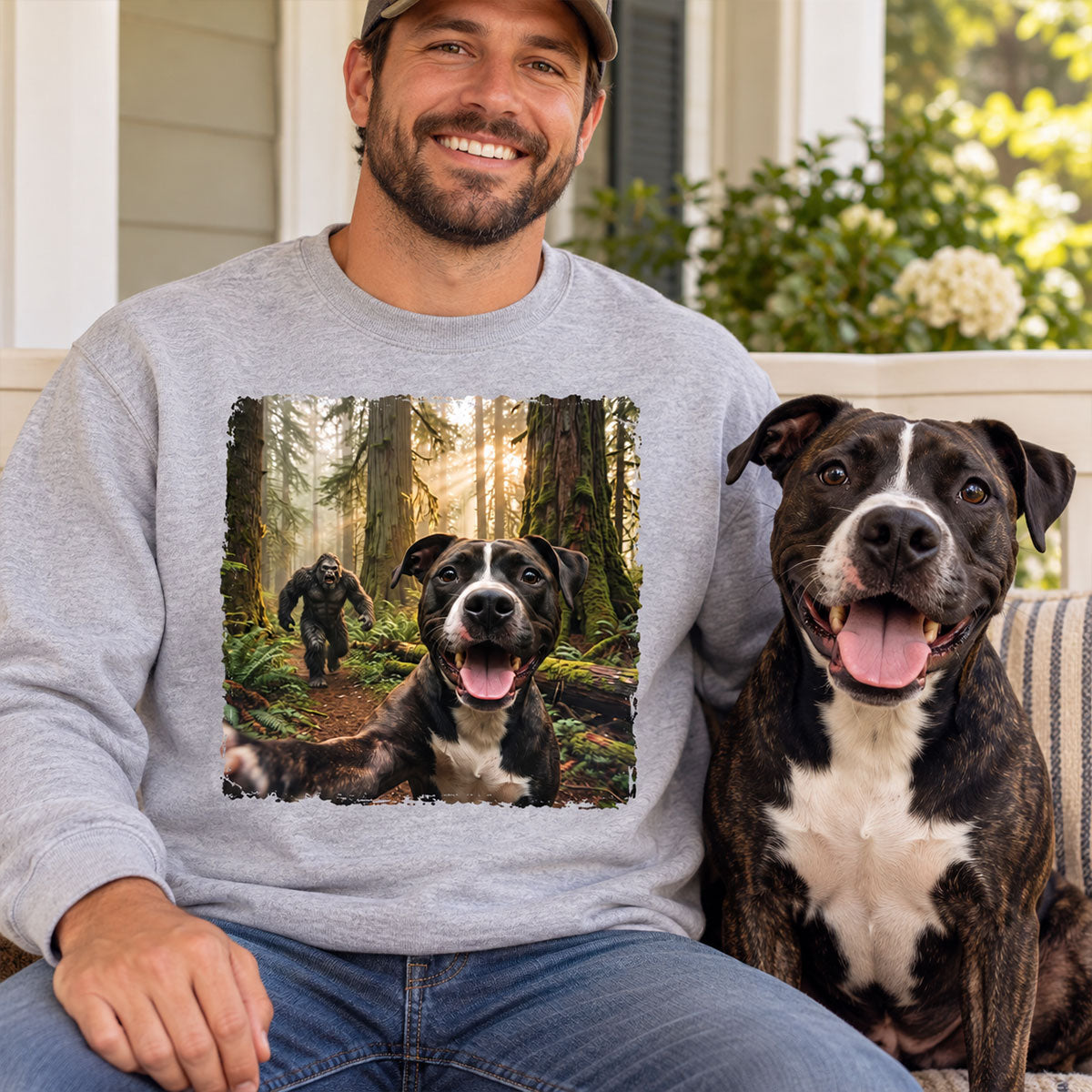 Custom Bigfoot Running After Dog Photo - Personalized Shirt - Christmas Gift for Dog Dads, Dog Moms, Pet Lovers