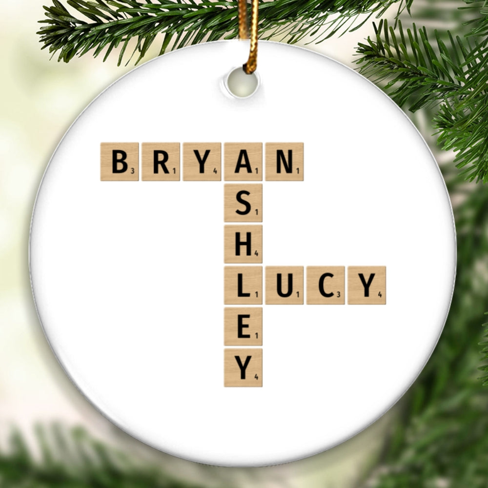 Family Christmas Decor Crossword Puzzle Art Personalized Round Ceramic Ornament