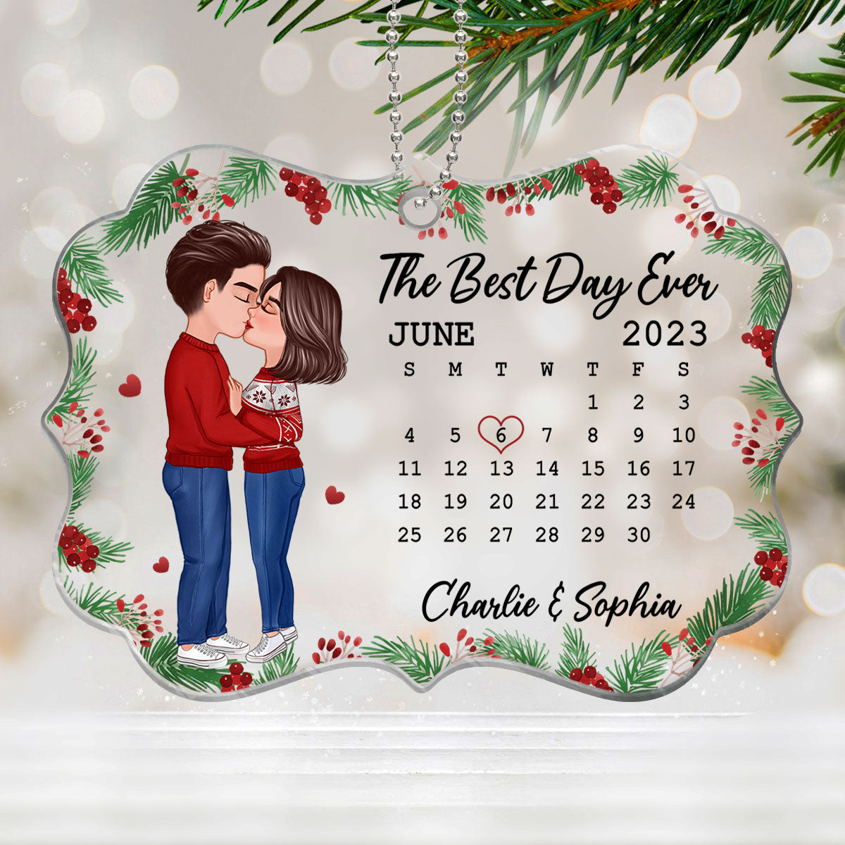 Doll Couple Kissing Anniversary Date Calendar Holly Branch Personalized Acrylic Ornament