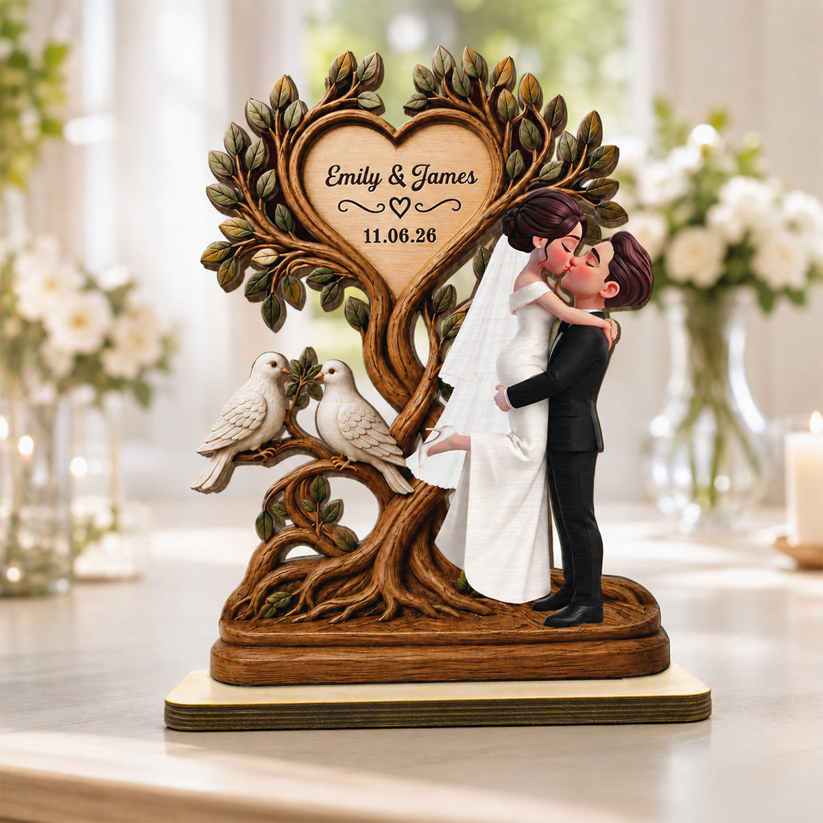 Wedding Couple Tree Of Life With Doves - Personalized 2-Layered Wooden Plaque - Wedding Keepsake, Anniversary Gift For Couples