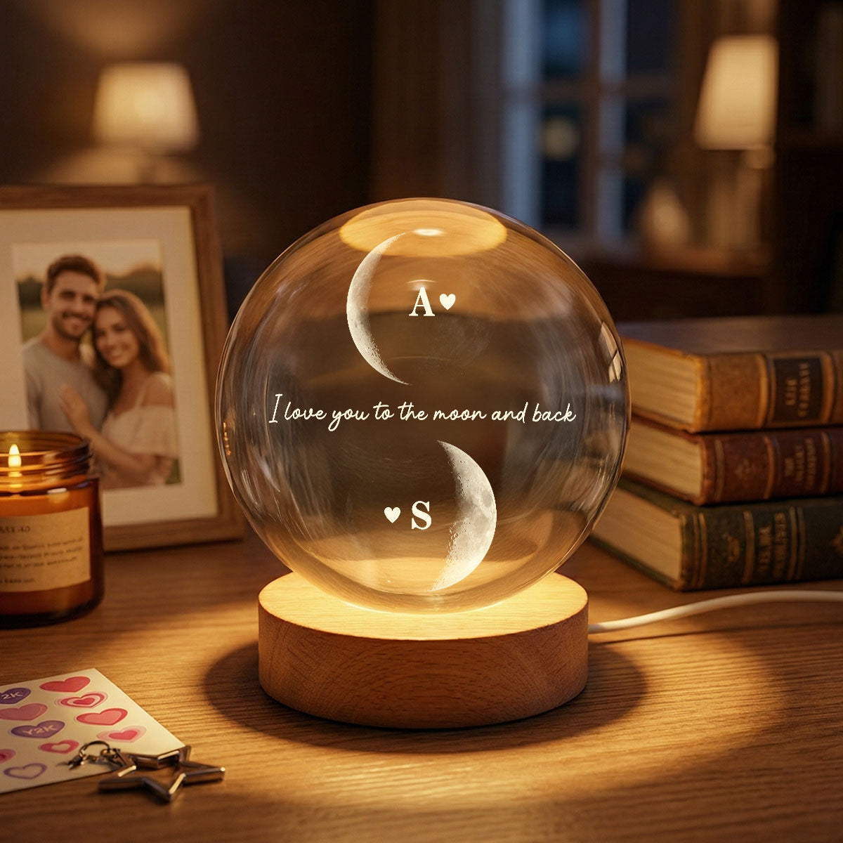 Custom Couple Moon Phase - Personalized Crystal Ball LED Night Light - Valentine's Day Gift For Couple, For Her, For Him