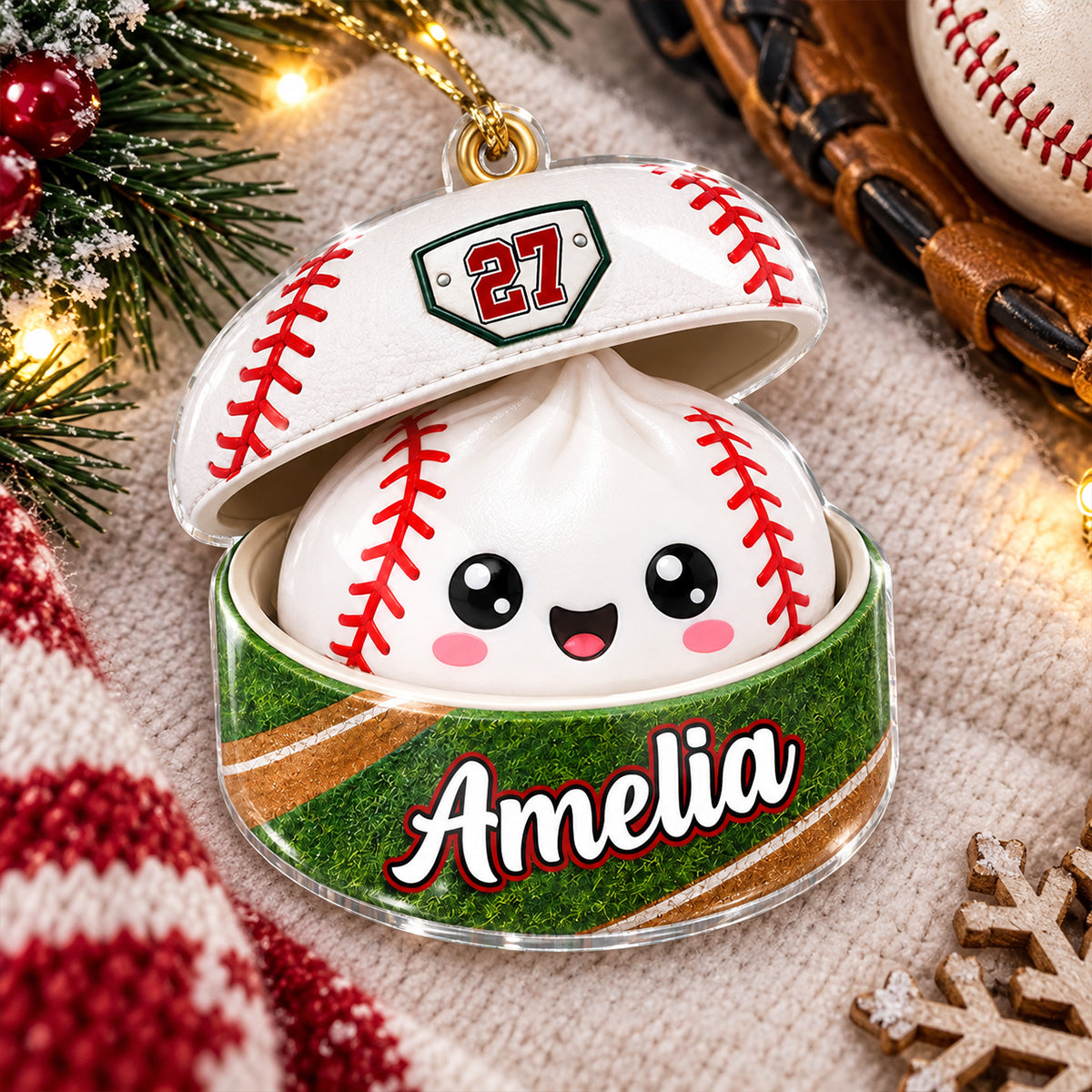Custom Baseball Dumpling Squishy Style - Personalized Acrylic Ornament - Christmas Gift for Daughter, Son, Grandkids