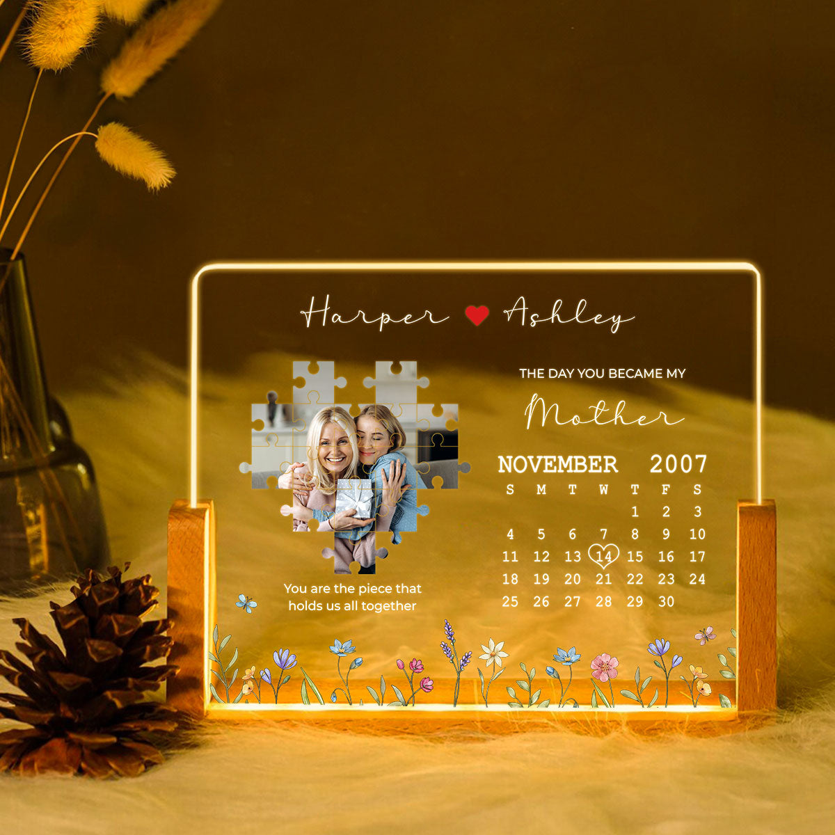 The Day You Became My Mommy, You Are the Piece that Holds Us All Together Personalized Photo Night Light Plaque, Mom Gift from Daughter, Gift