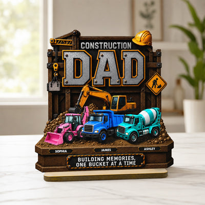Construction Dad with Kids Names 2D Flat - Personalized Wooden Plaque