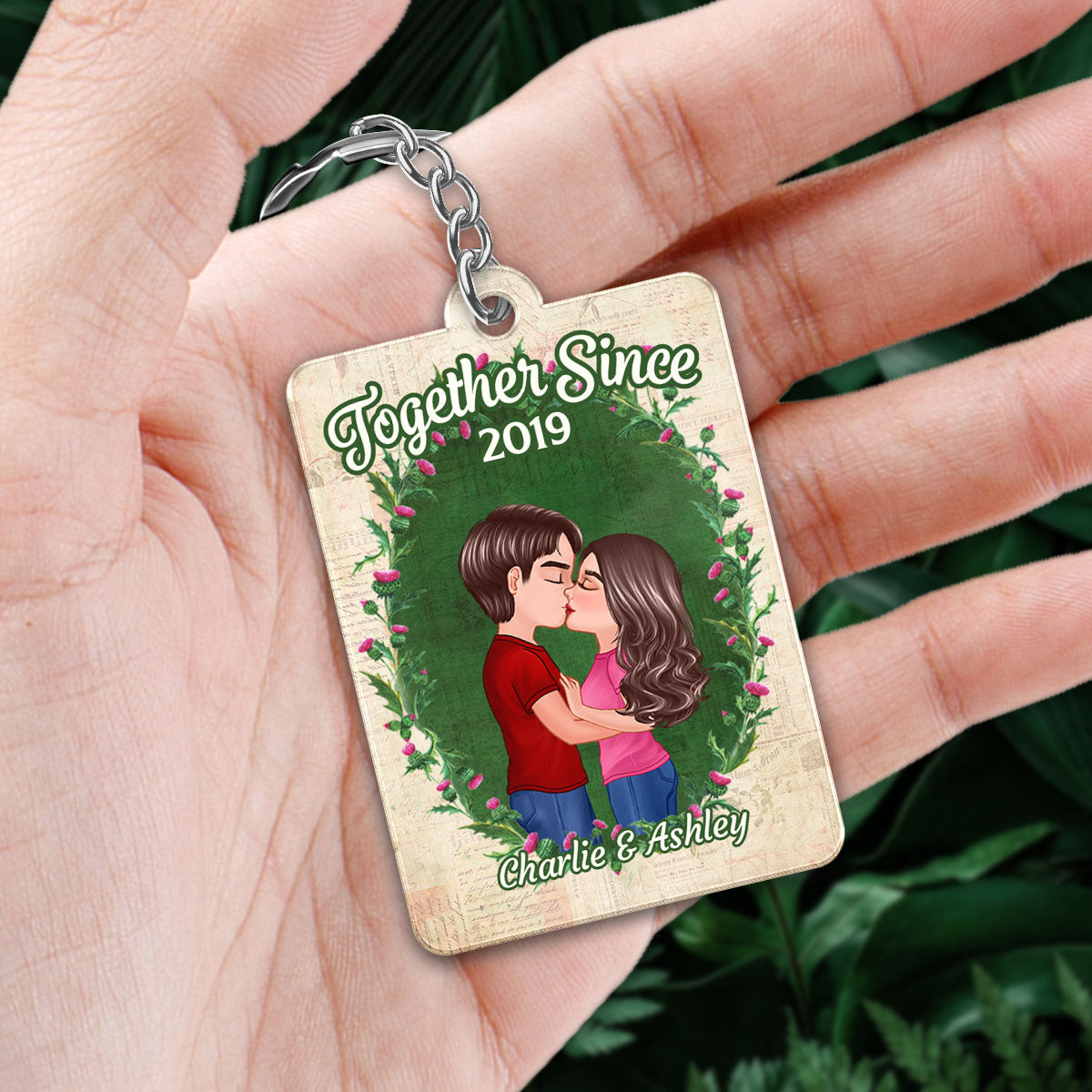 Doll Couple Floral Frame Old Newspaper Favorite Song QR Code Personalized Acrylic Keychain