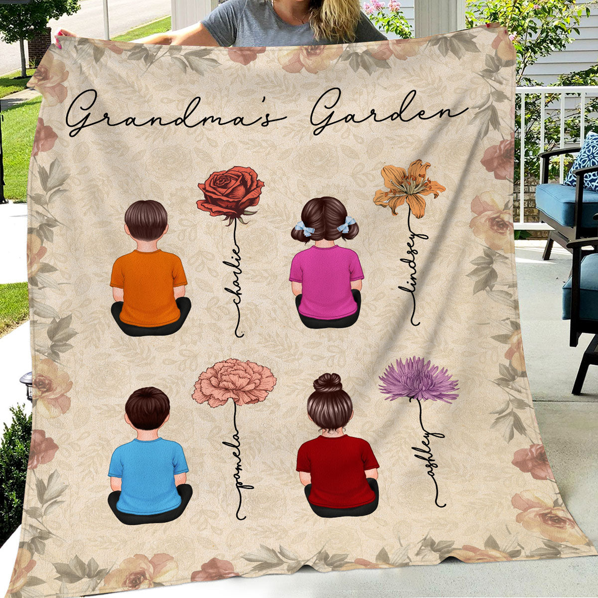 Grandkids Sitting Grandma Garden Vintage Birth Month Flowers Personalized Fleece Blanket