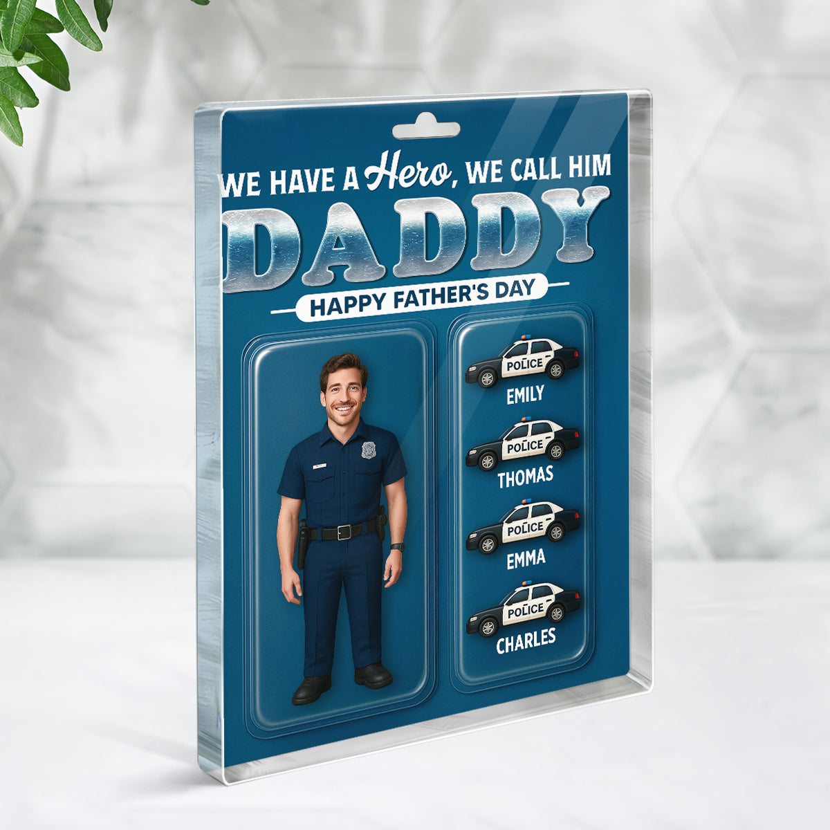 Police Dad Hero Custom Figure 3D Effect Personalized Rectangle Acrylic Block Plaque, Gift For Dad