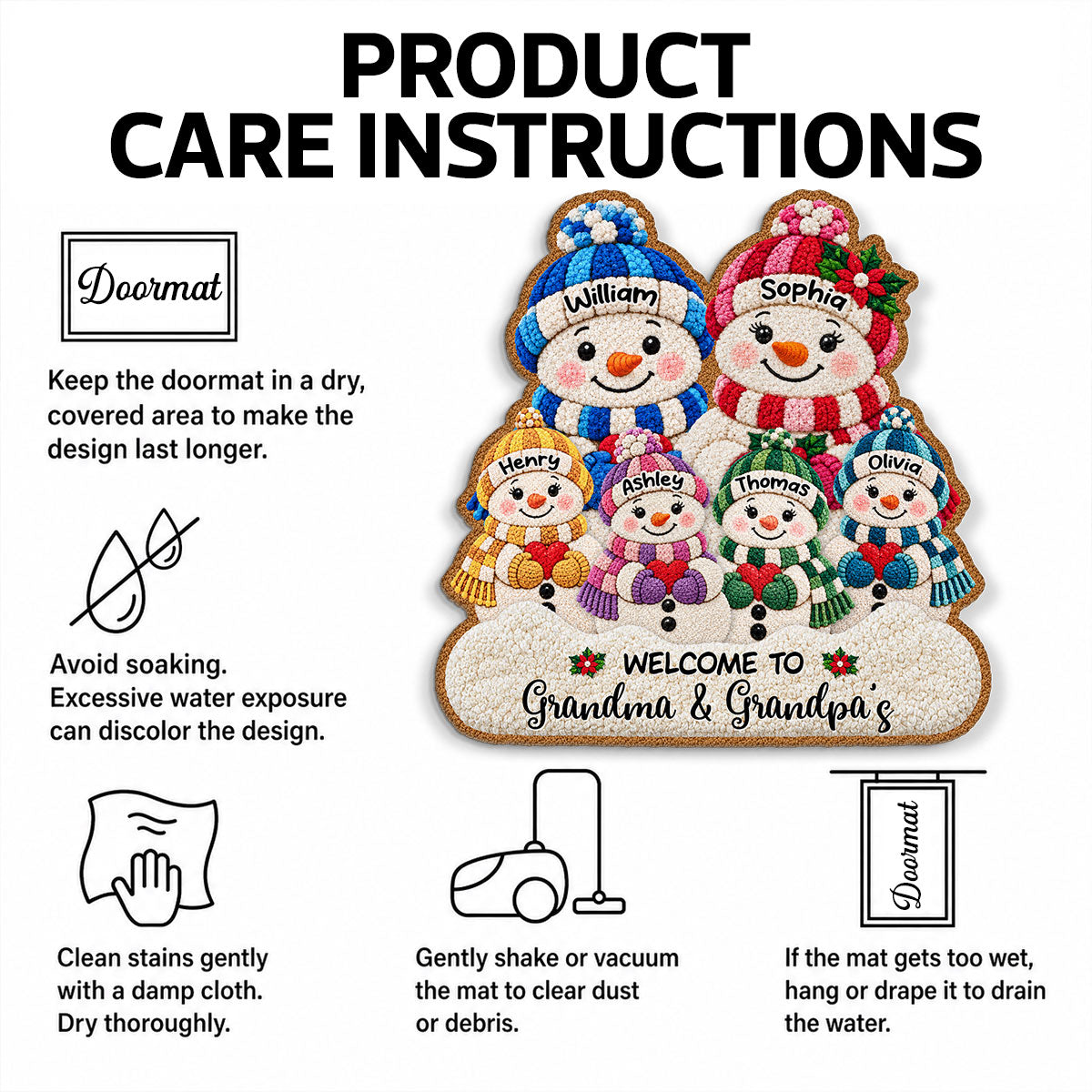Cute Snowman Grandparents & Grandkids 2D Flat Printed - Personalized Doormat - Christmas Decor For Grandparents, Family