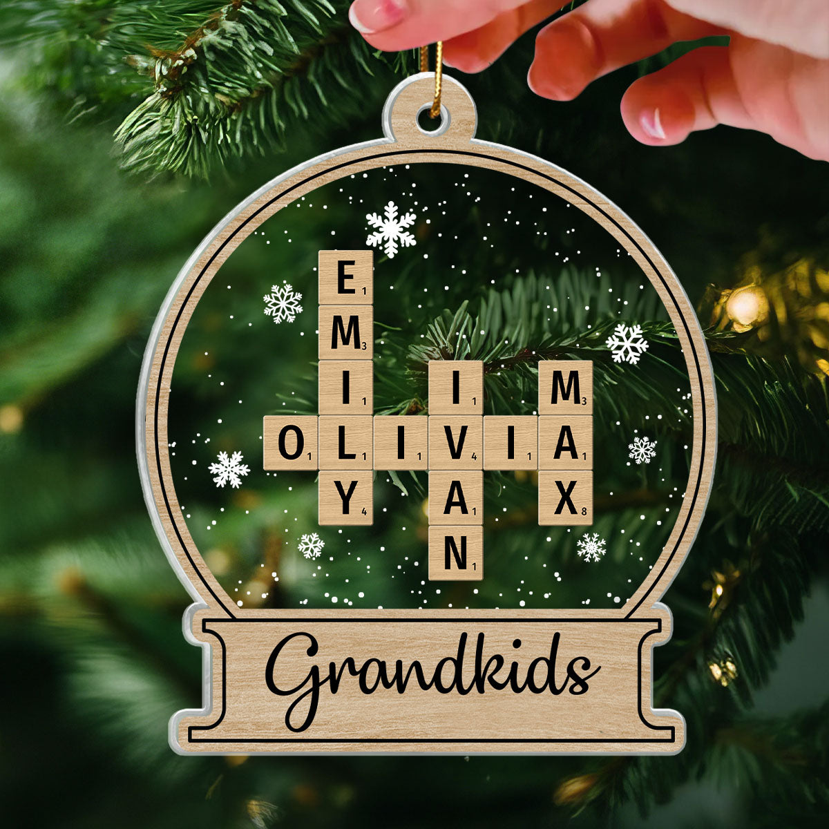 Snow Globe Grandkids Crossword Puzzle Personalized Acrylic Ornament, Christmas Gift For Grandma, Grandpa, Granddaughter, Grandson