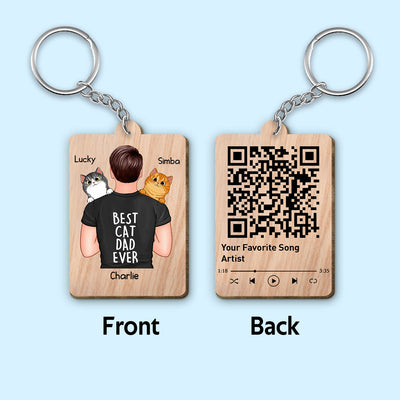 Man Carrying Cats On Shoulder Favorite Song Scannable QR Code Gift For Cat Dad Personalized Wooden Keychain