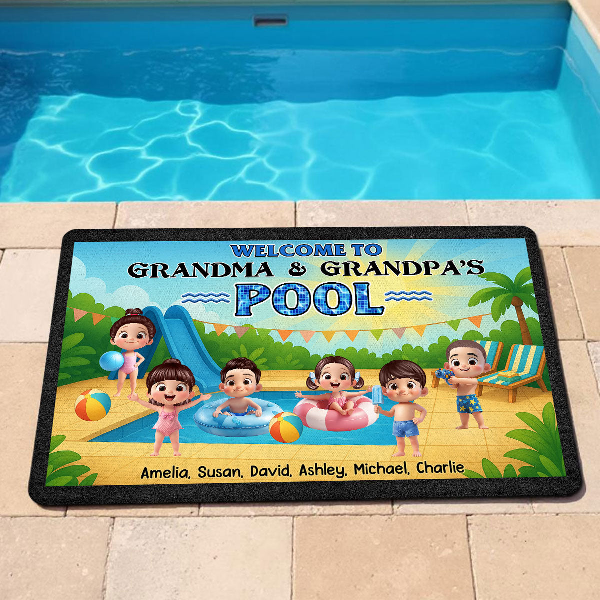 Welcome to Grandma & Grandpa's Pool Personalized Non-Slip Doormat, Entryway Front Porch Farmhouse Summer Grandkids Welcome Mat
