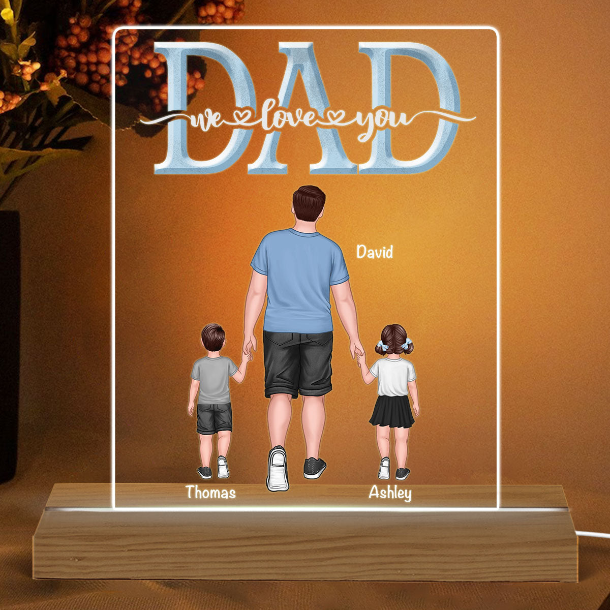 DAD We Love You Back View Dad And Sons Daughters Walking Personalized Custom Shape Acrylic Plaque Warm LED Night Light