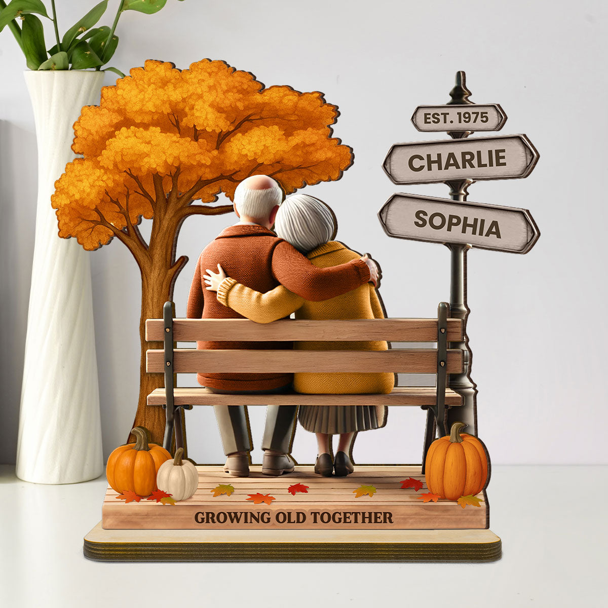 Custom Old Couple Fall Season Park, Romantic Personalized Standing Wooden Plaque