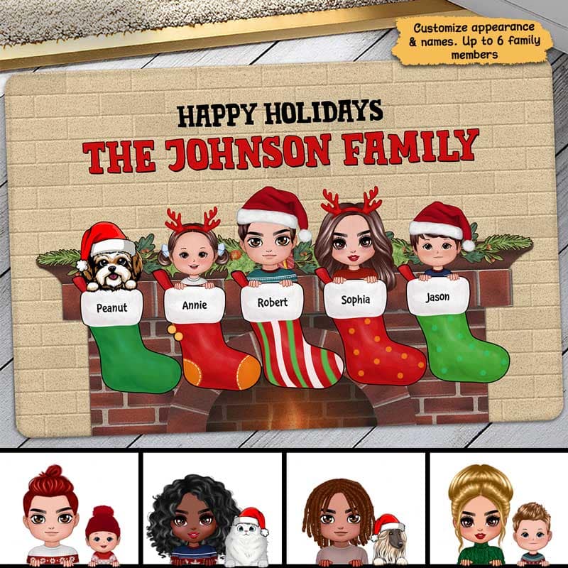 Christmas Stocking Doll Family Couple Kid Dog Cat Personalized Doormat