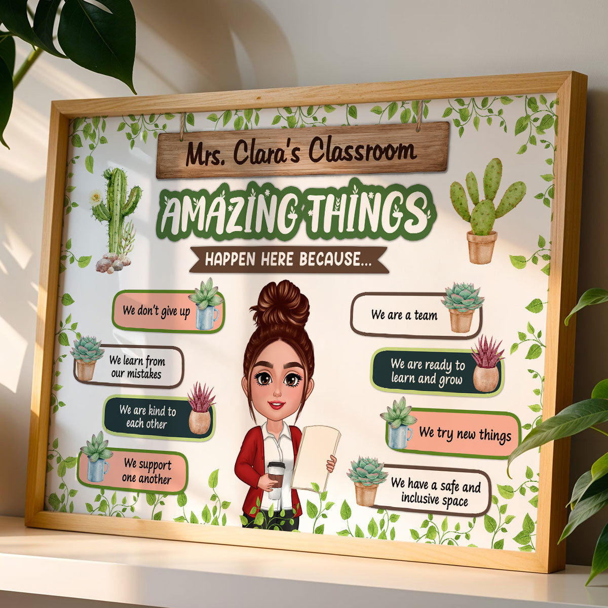 Greenery Boho Plants Amazing Things Happen Here Teacher Personalized Poster, Classroom Decoration