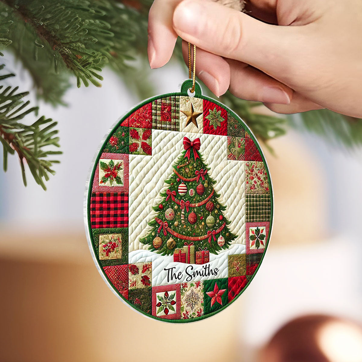 3D Effect Quilting Patchwork Fabric Patterns Christmas Tree Family Name Christmas Personalized Acrylic Ornament